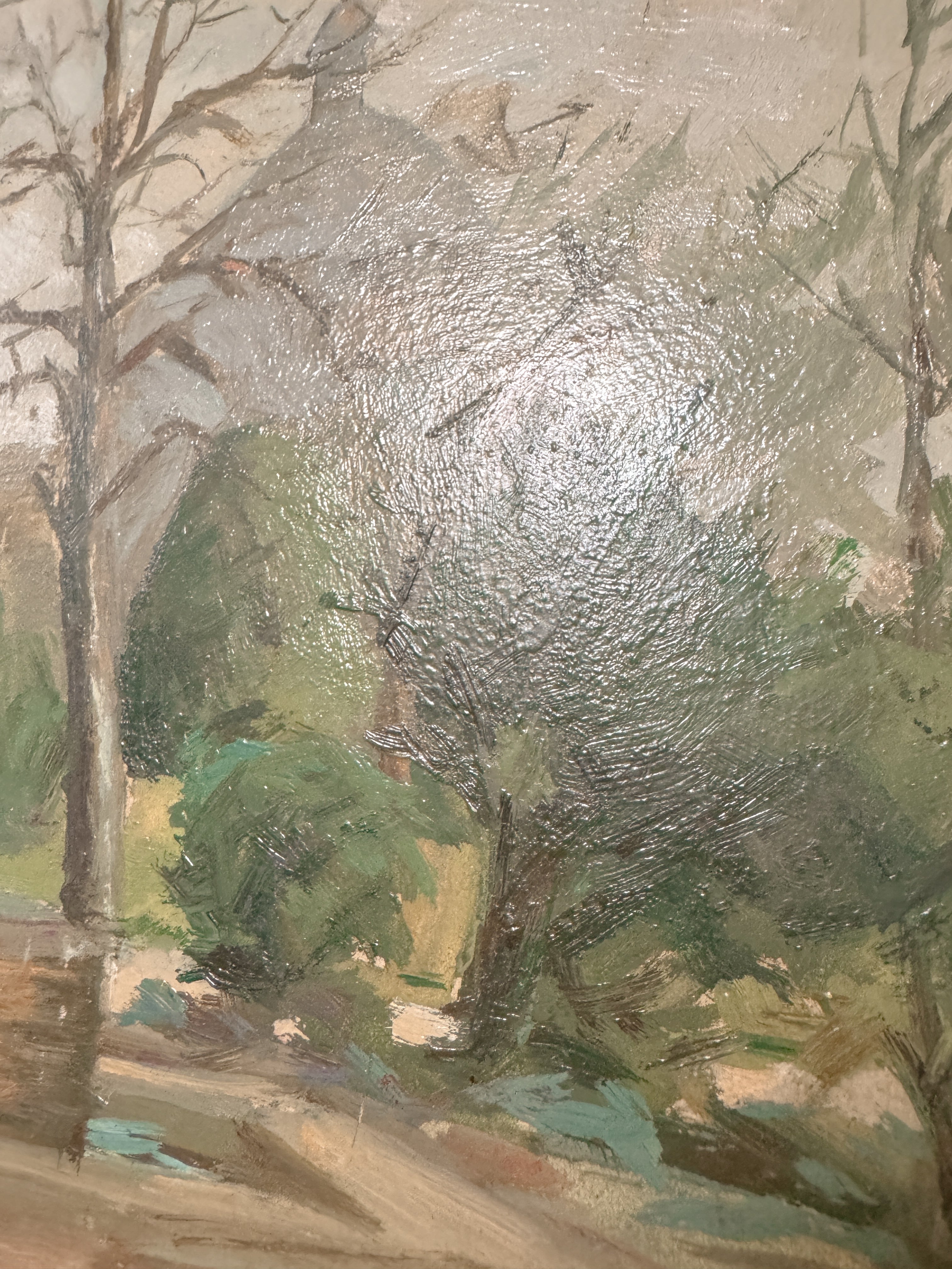 Mid-Century Oil, Park Scene with Fountain