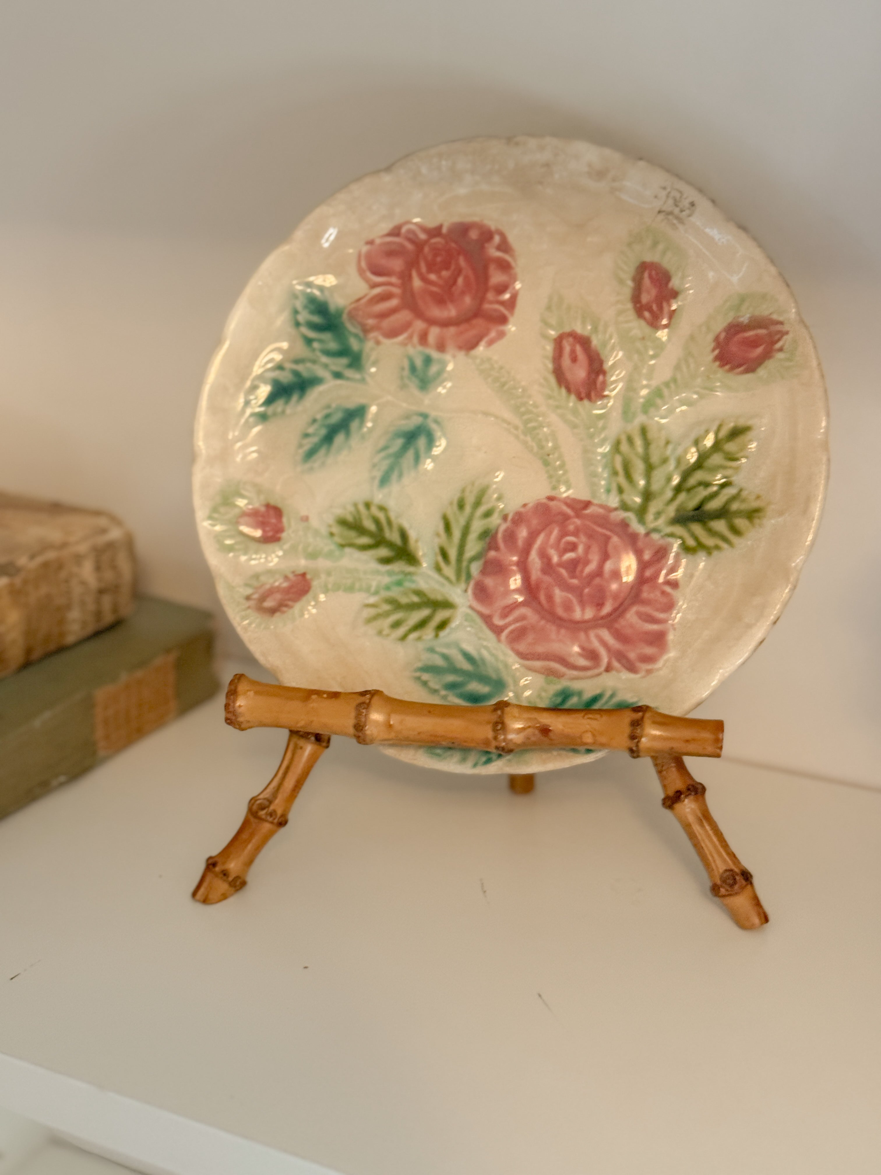 Antique Majolica Plate with Rose Relief, French, circa 1880 to 1910