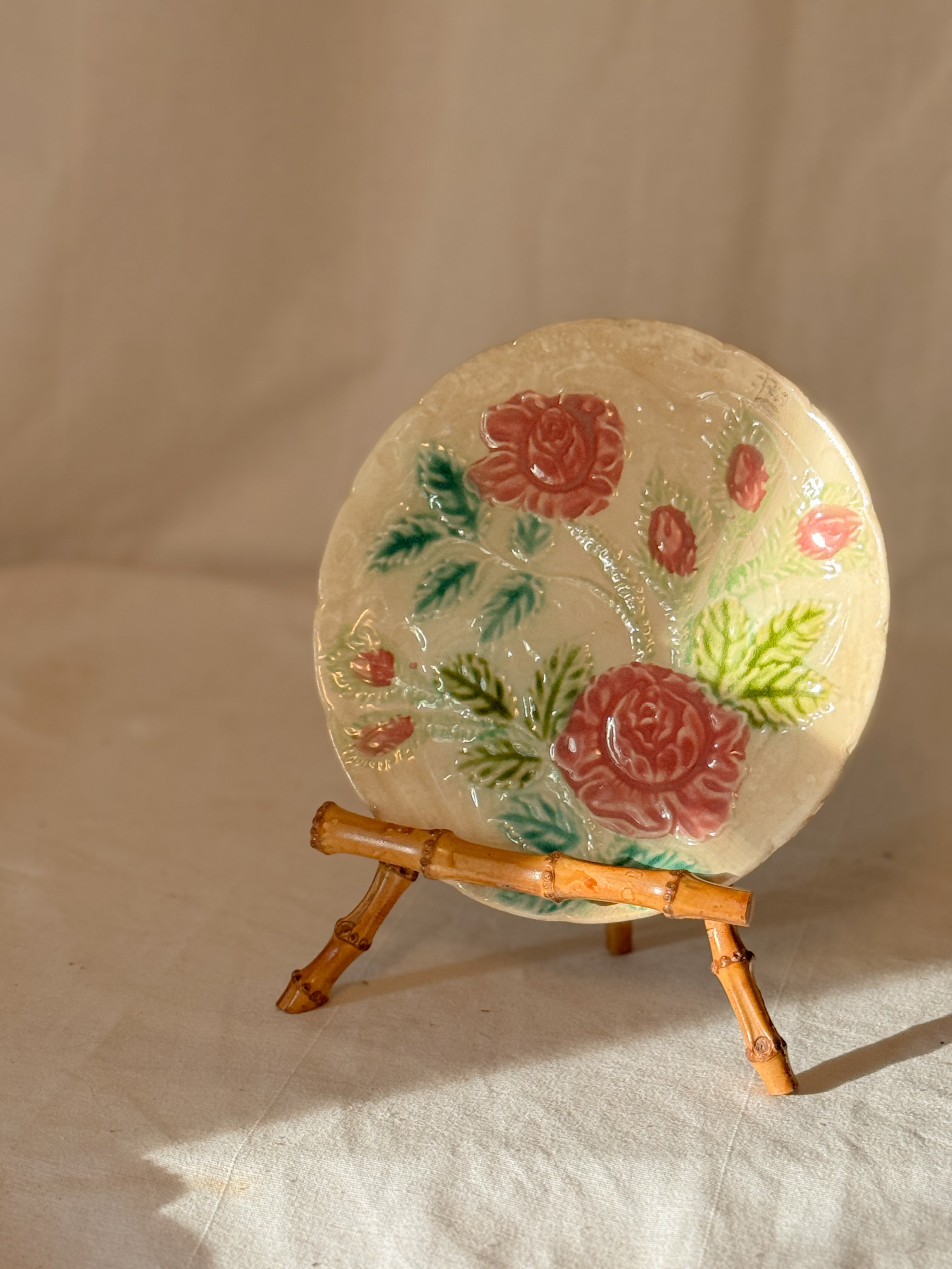 Antique Majolica Plate with Rose Relief, French, circa 1880 to 1910