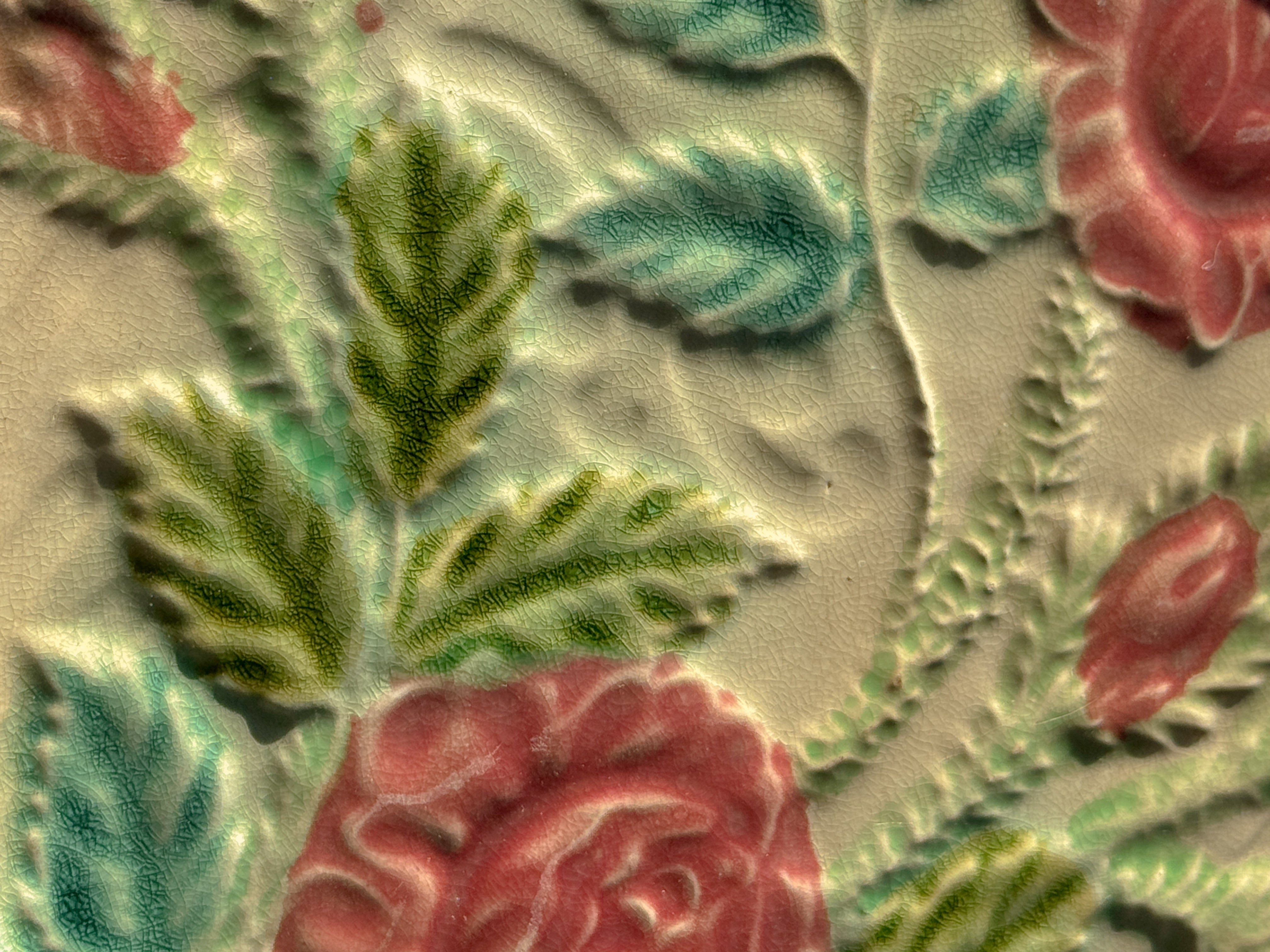 Antique Majolica Plate with Rose Relief, French, circa 1880 to 1910