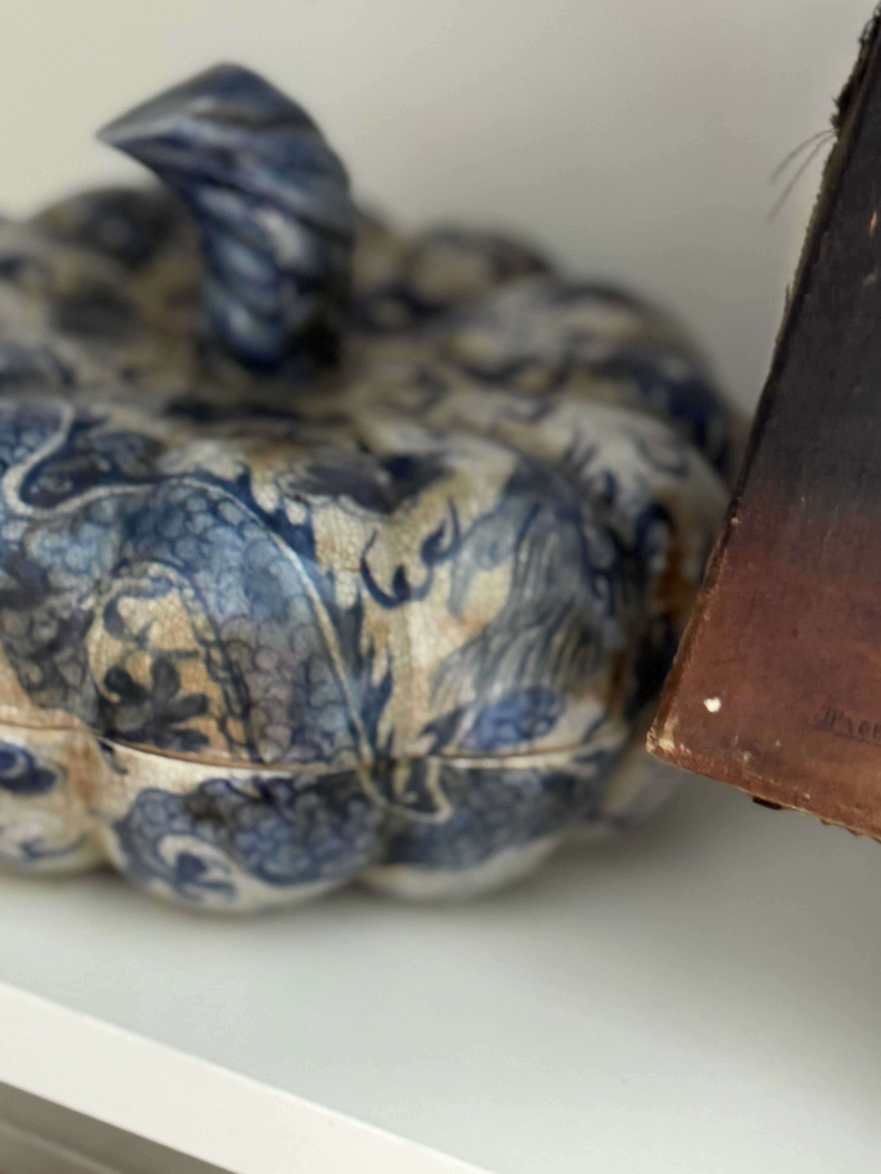 Antique French Faïence Pumpkin Pot Couvert, Bleu de Chine,18th c.