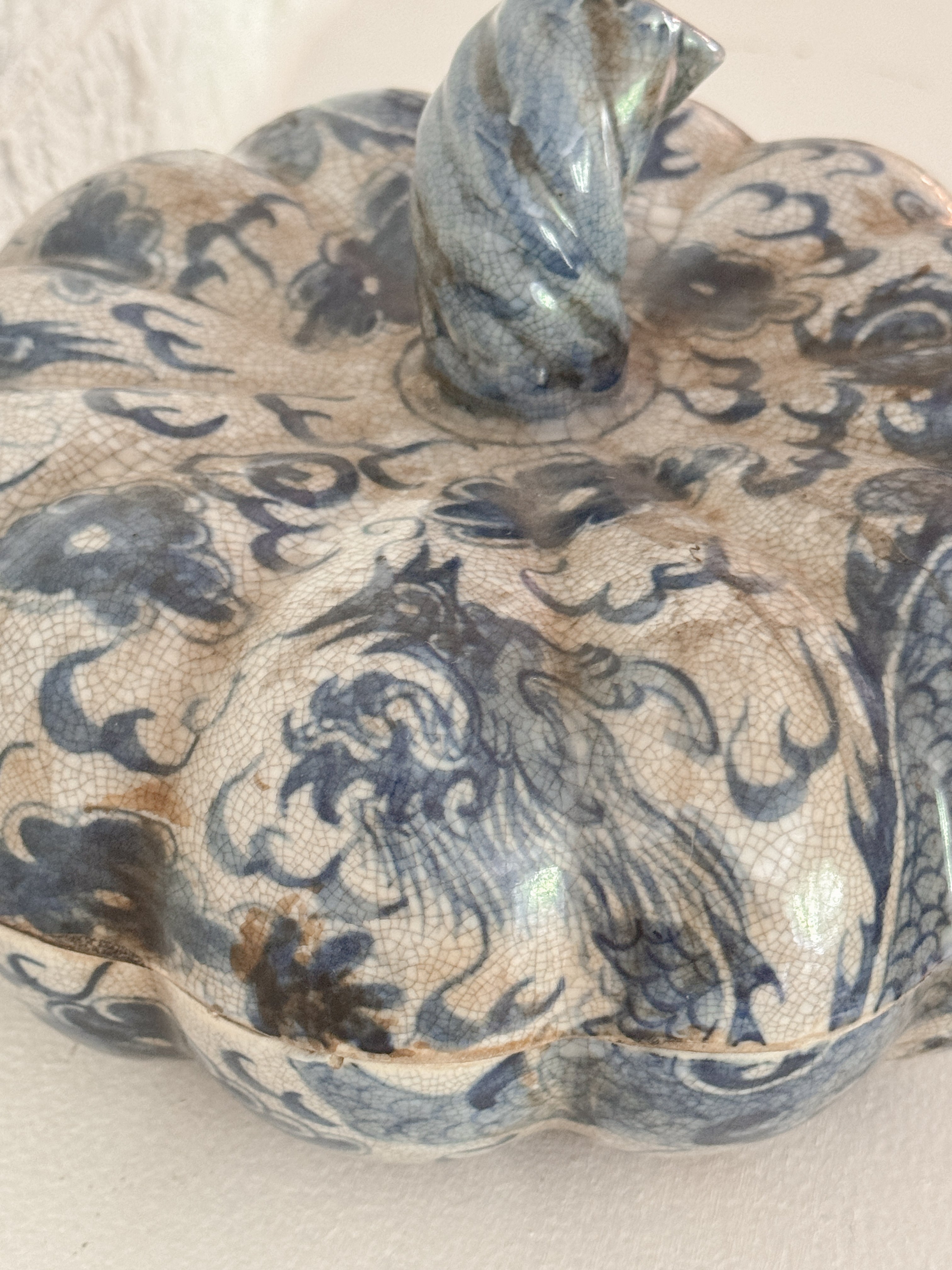 Antique French Faïence Pumpkin Pot Couvert, Bleu de Chine,18th c.