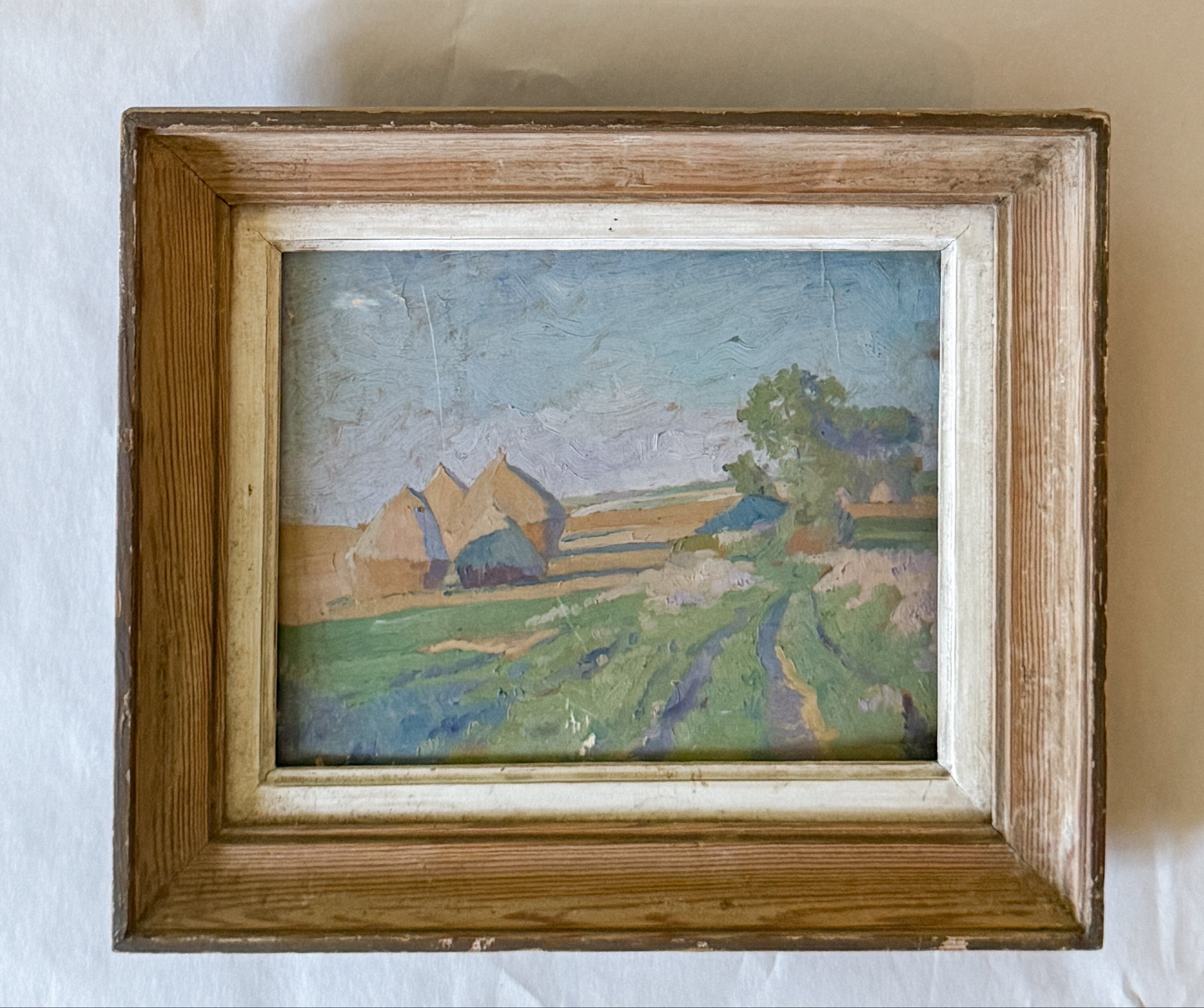 Antique French Oil on Board, Haystacks in a Field