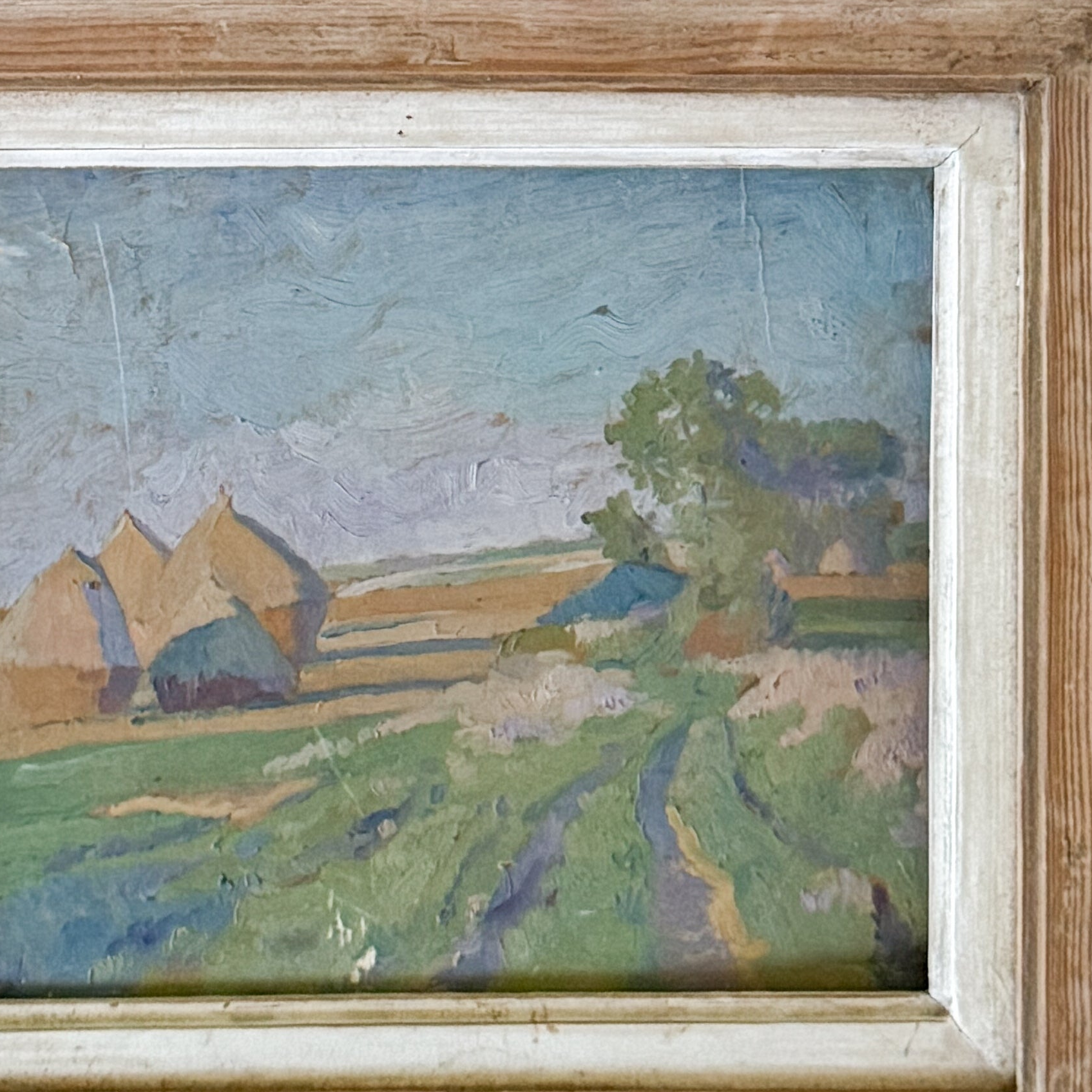 Antique French Oil on Board, Haystacks in a Field