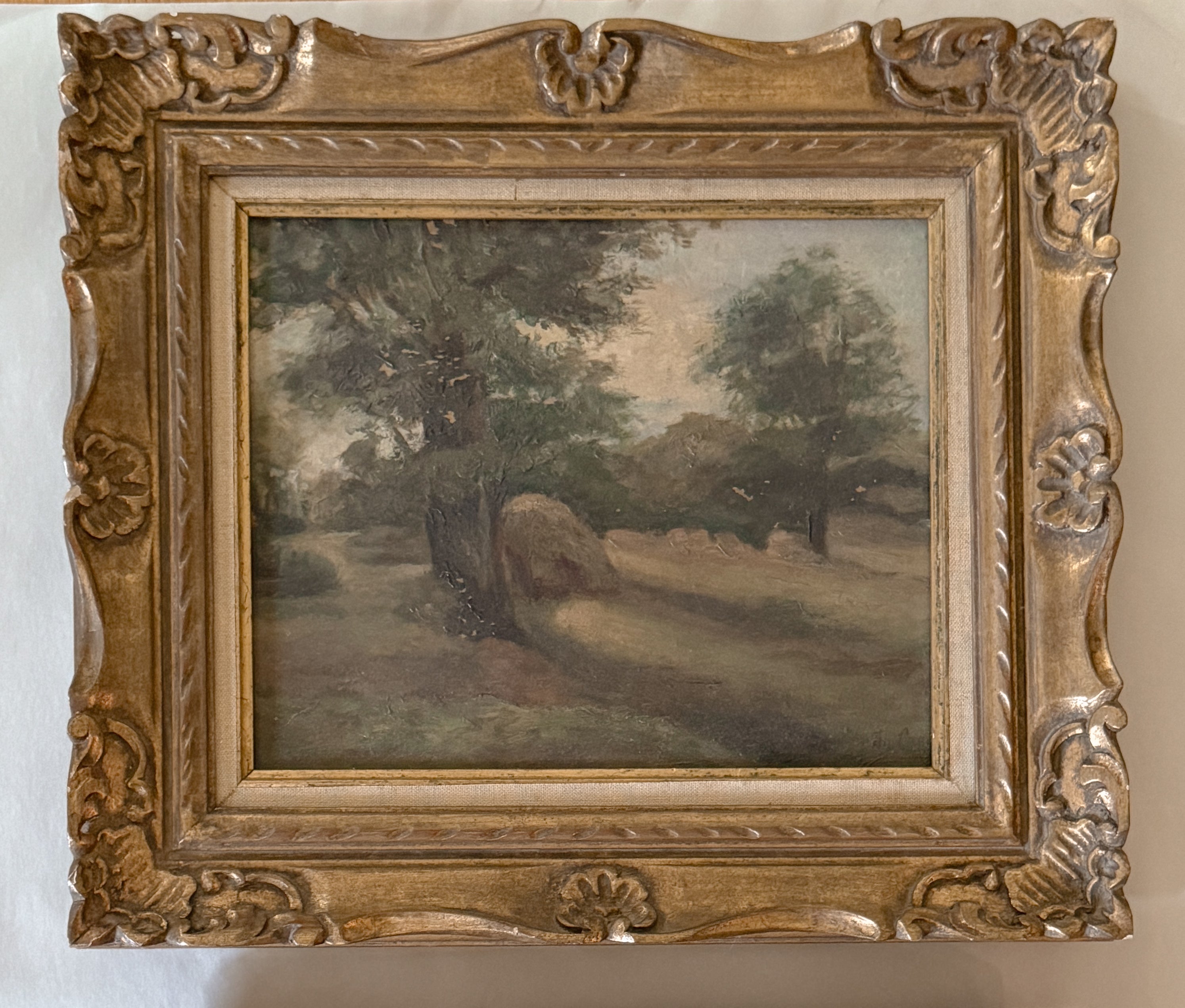 Antique Oil Landscape in the Barbizon Manner, Carved Giltwood Frame