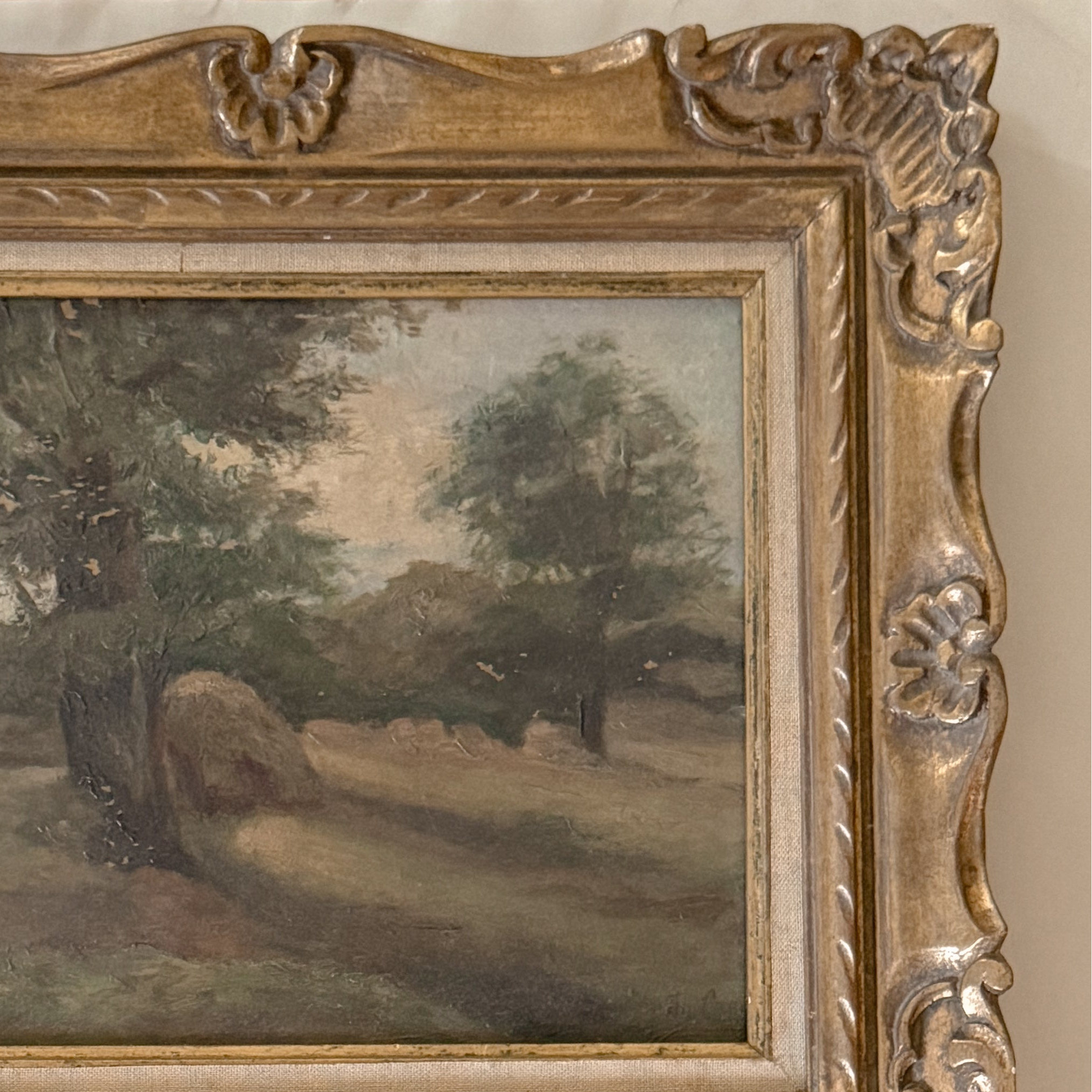 Antique Oil Landscape in the Barbizon Manner, Carved Giltwood Frame