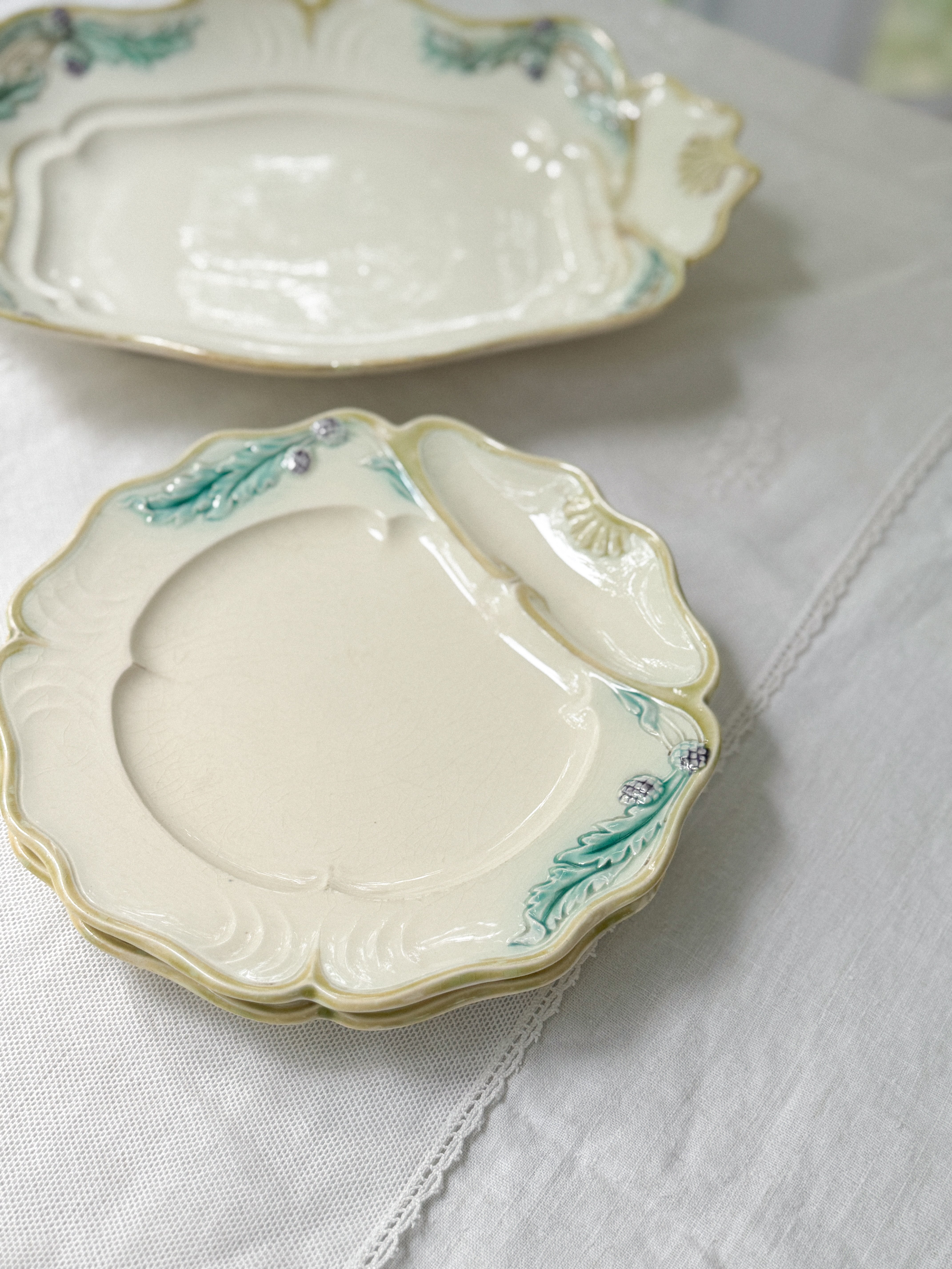French Barbotine Asparagus Plate, Art Nouveau, Sold Individually