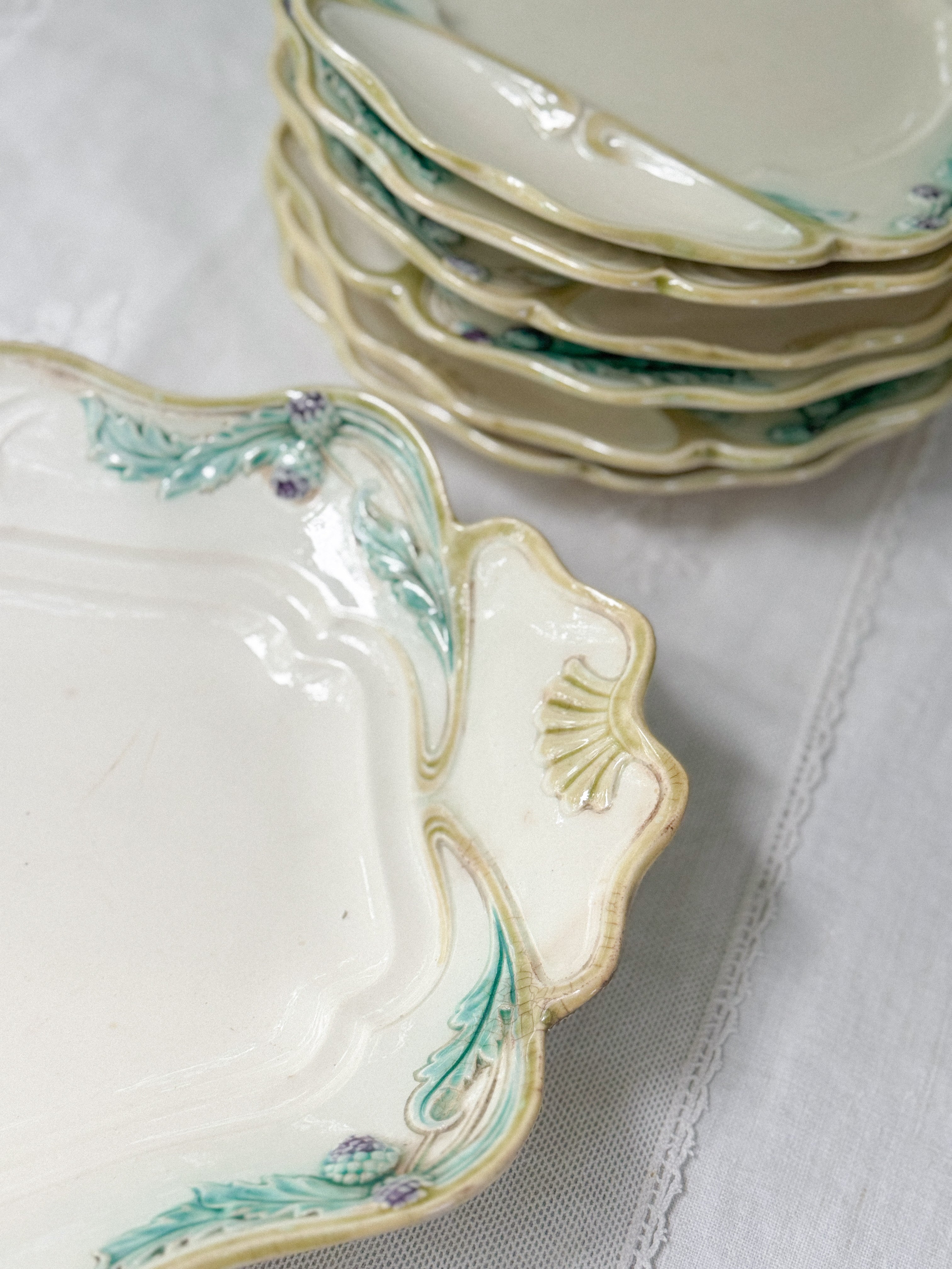 French Barbotine Asparagus Platter, Art Nouveau