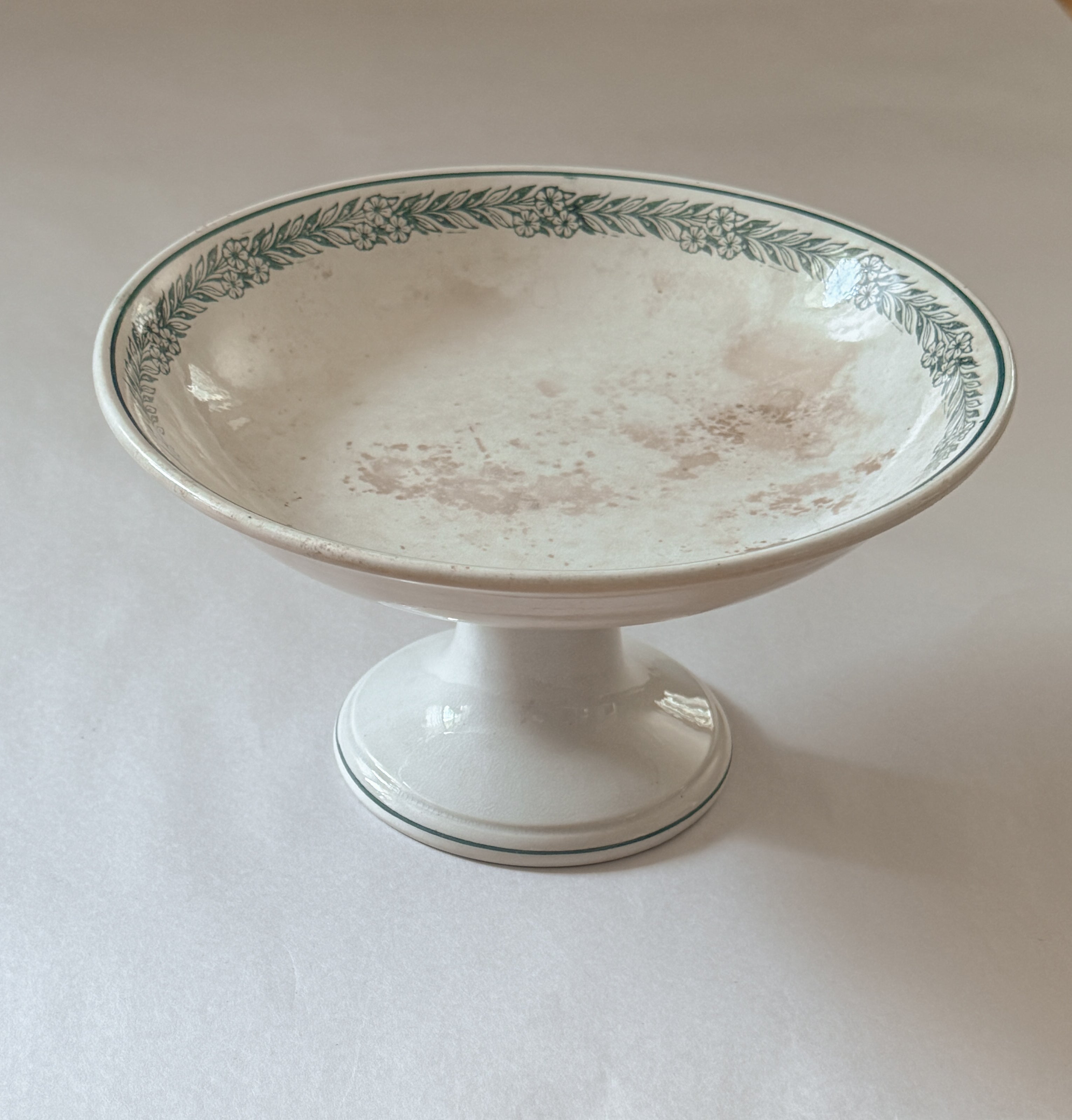 Antique French Compotier, Green Transferware, Footed Fruit Stand