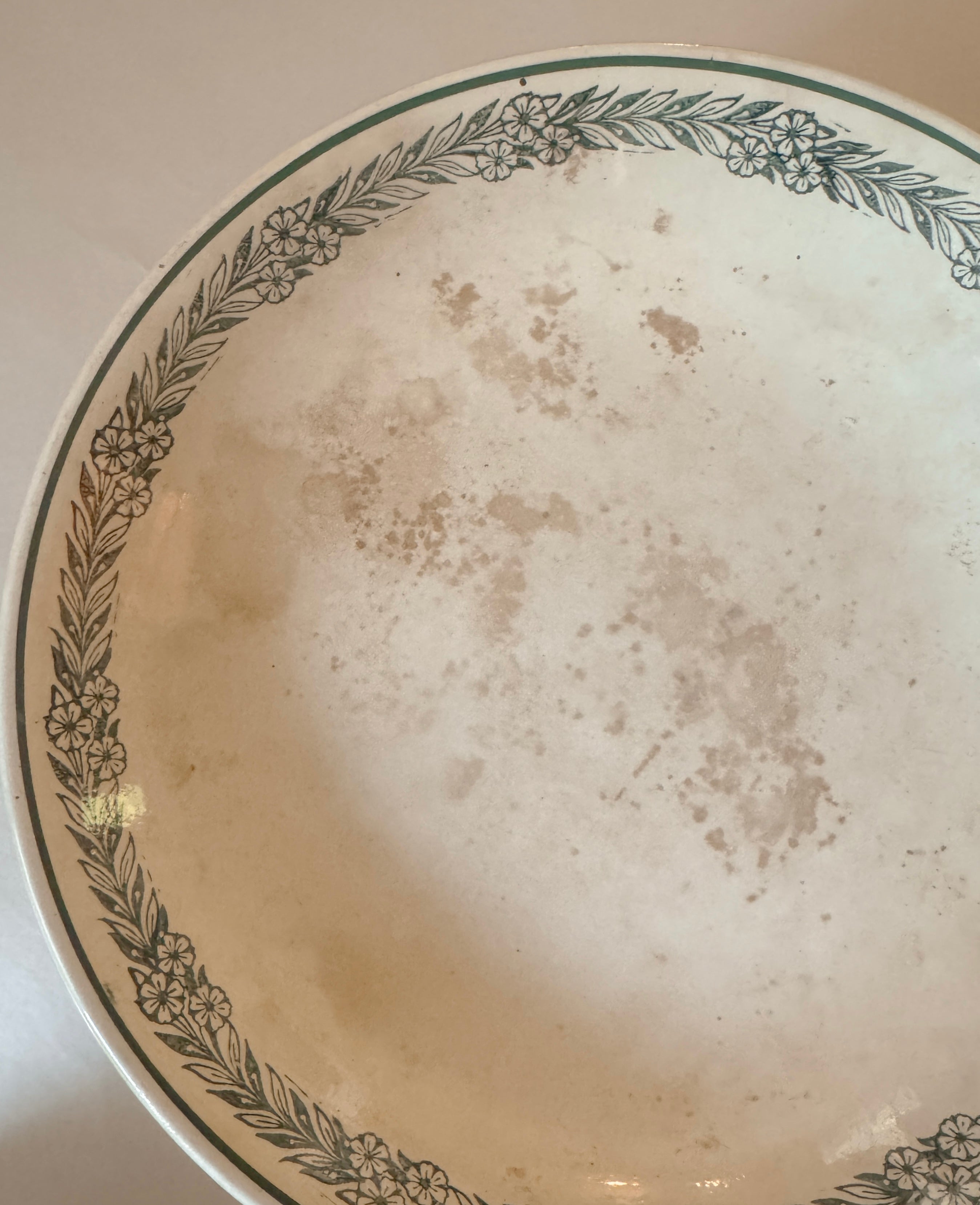 Antique French Compotier, Green Transferware, Footed Fruit Stand