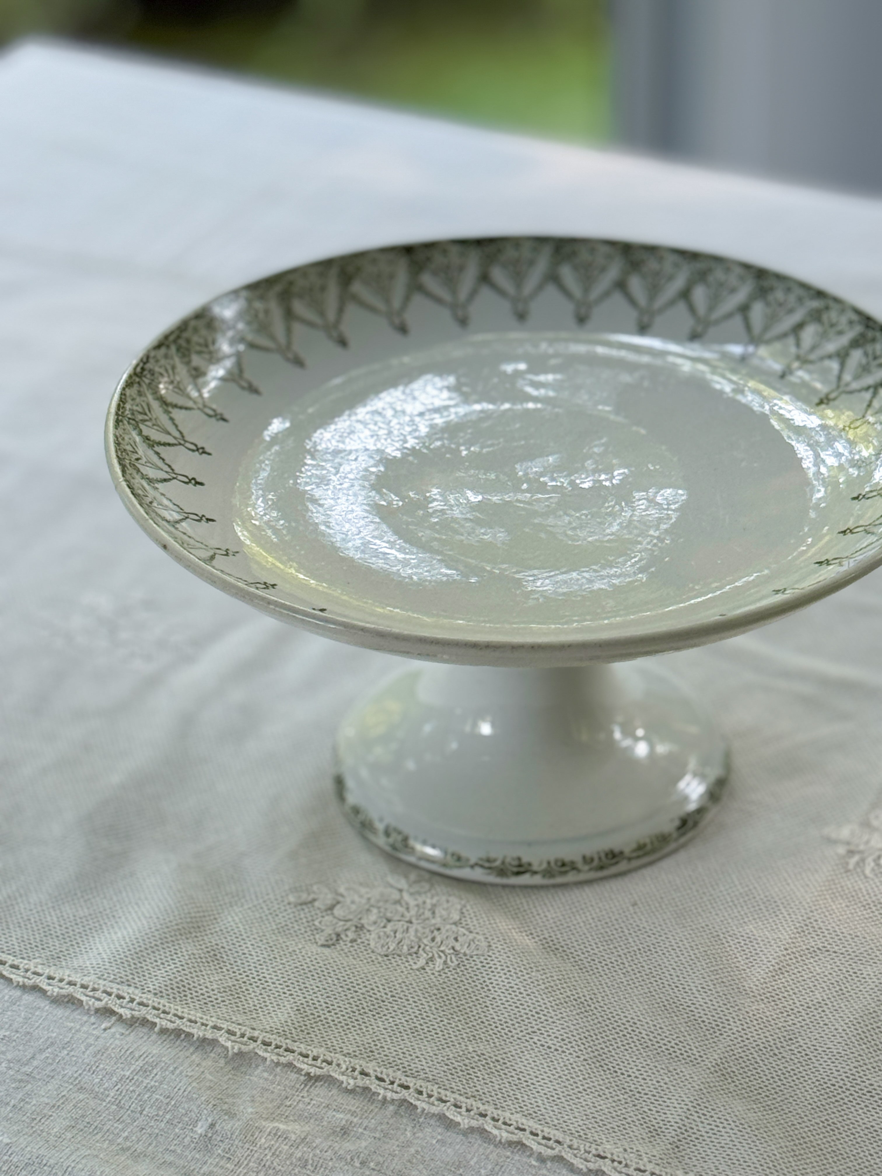 Antique French Compotier, Green Floral Transfer, Saint-Amand