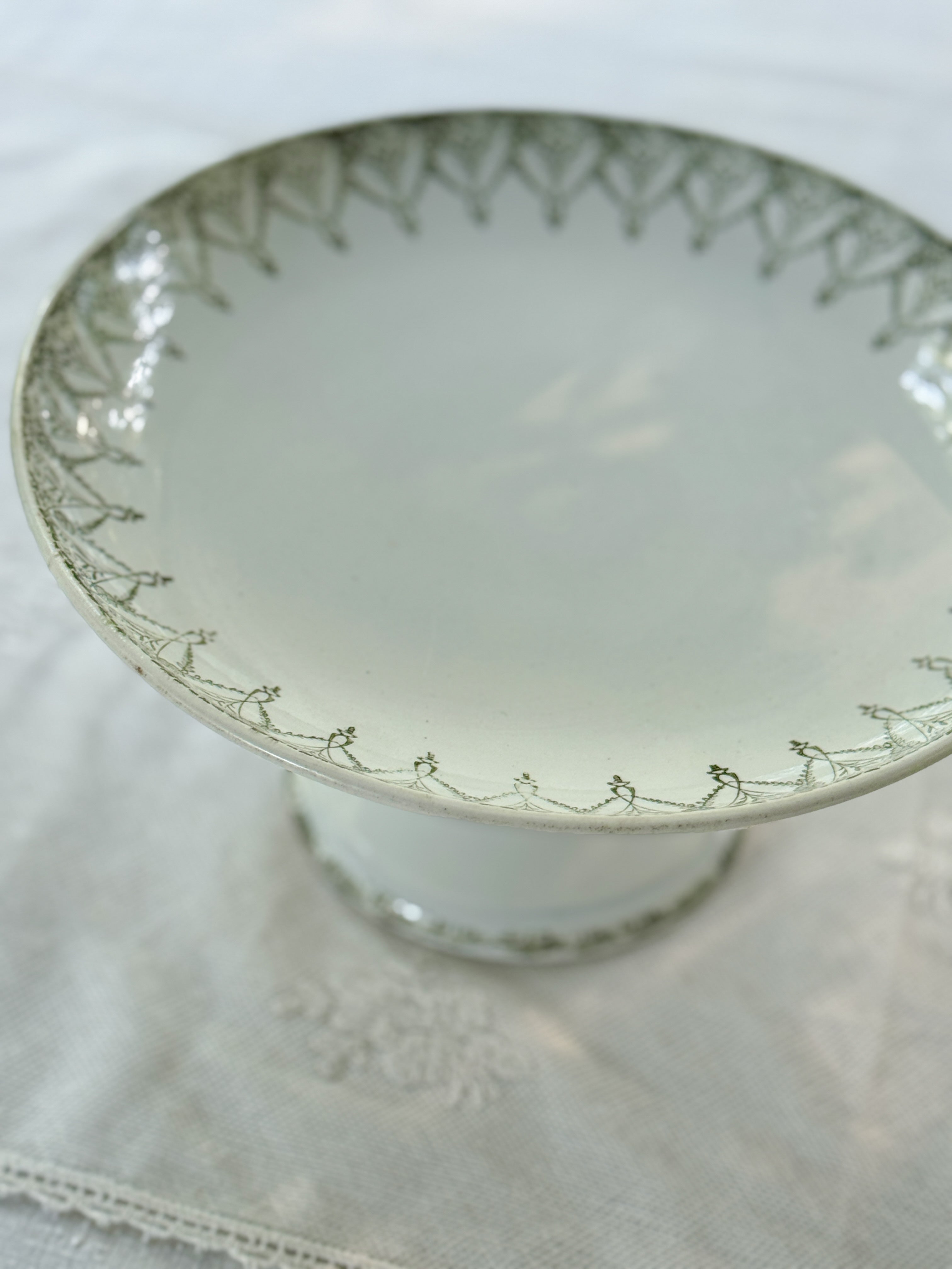 Antique French Compotier, Green Floral Transfer, Saint-Amand