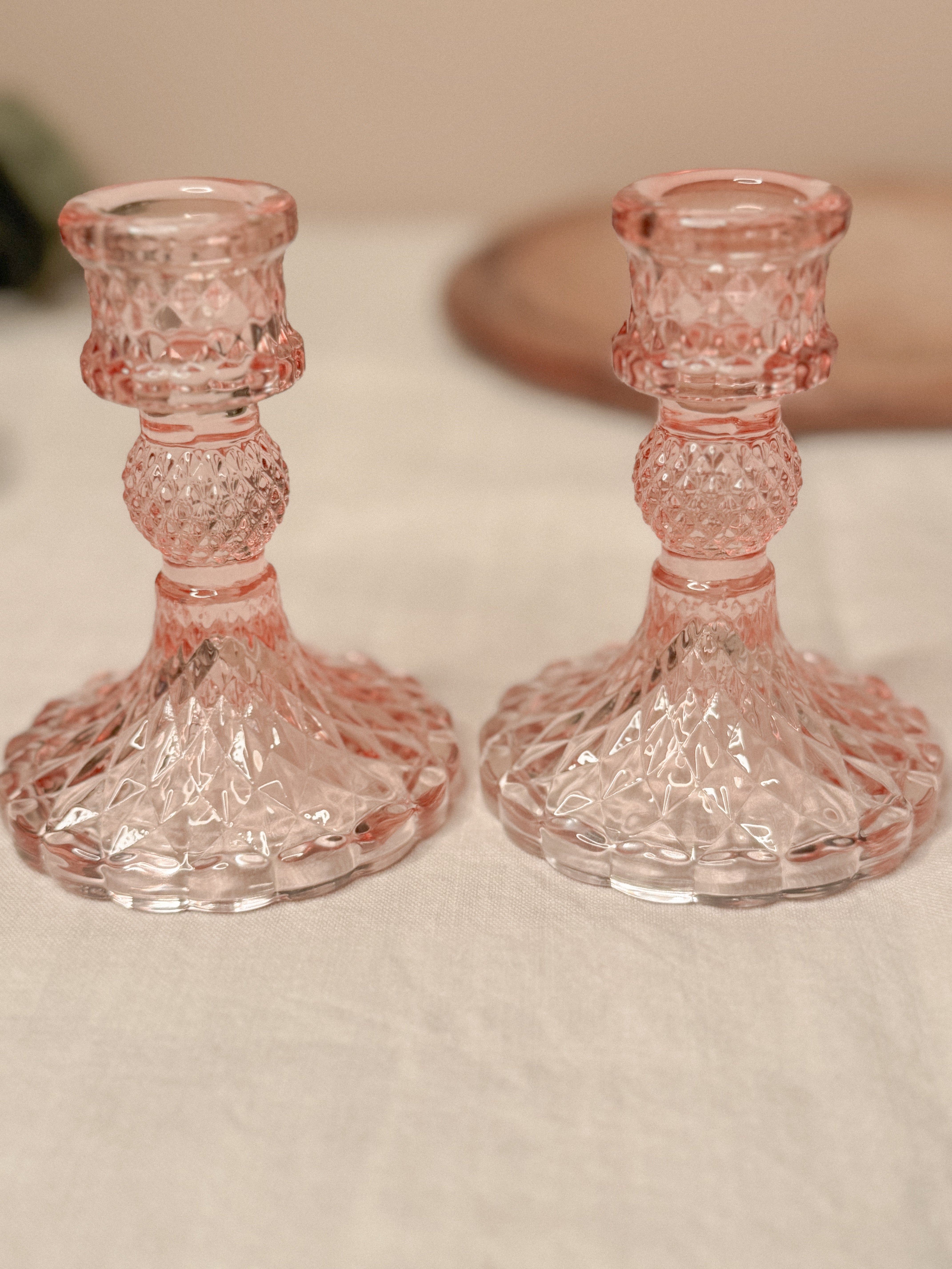 Pair of Vintage Pink Pressed-Glass Candlesticks