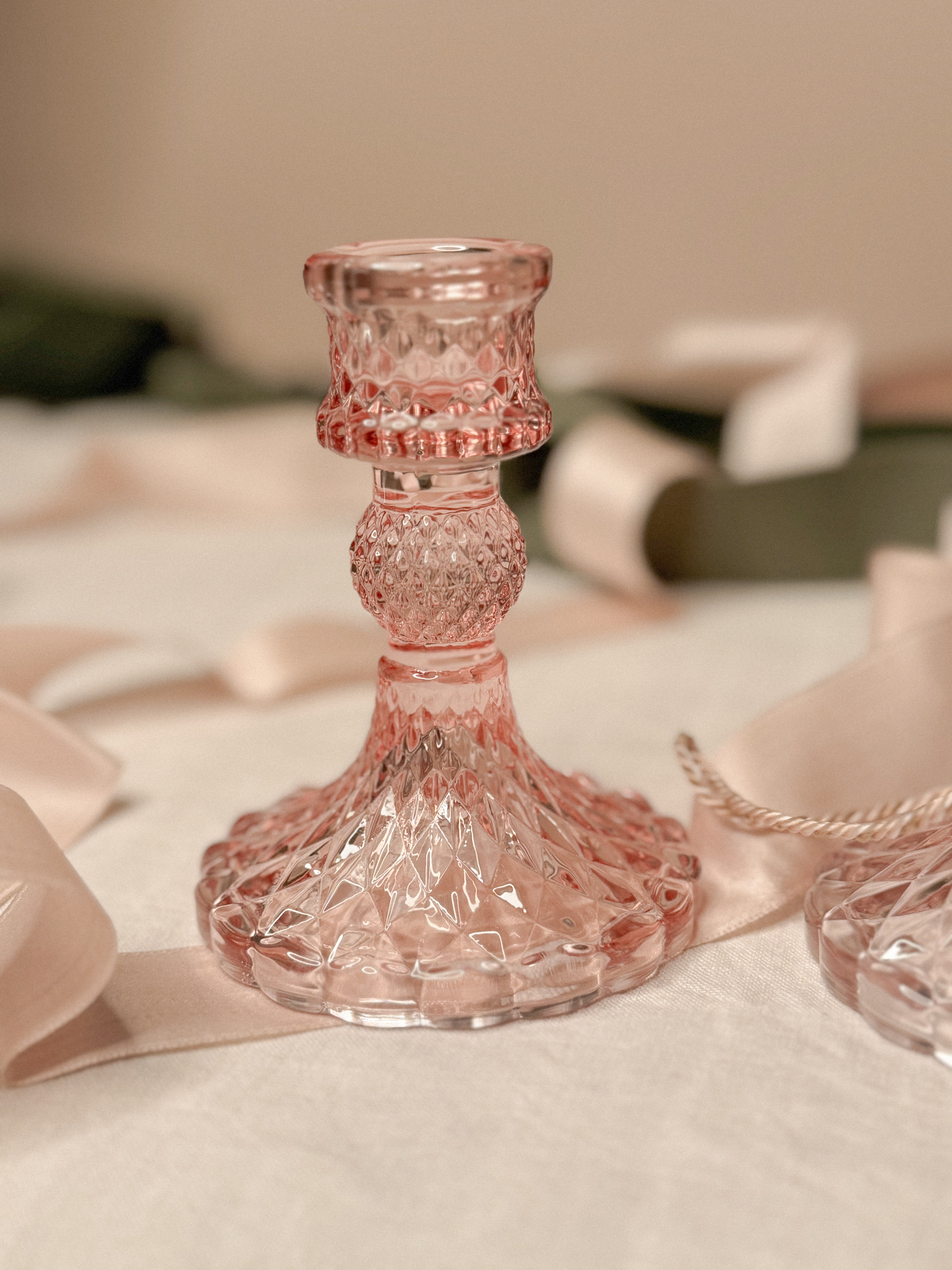 Pair of Vintage Pink Pressed-Glass Candlesticks