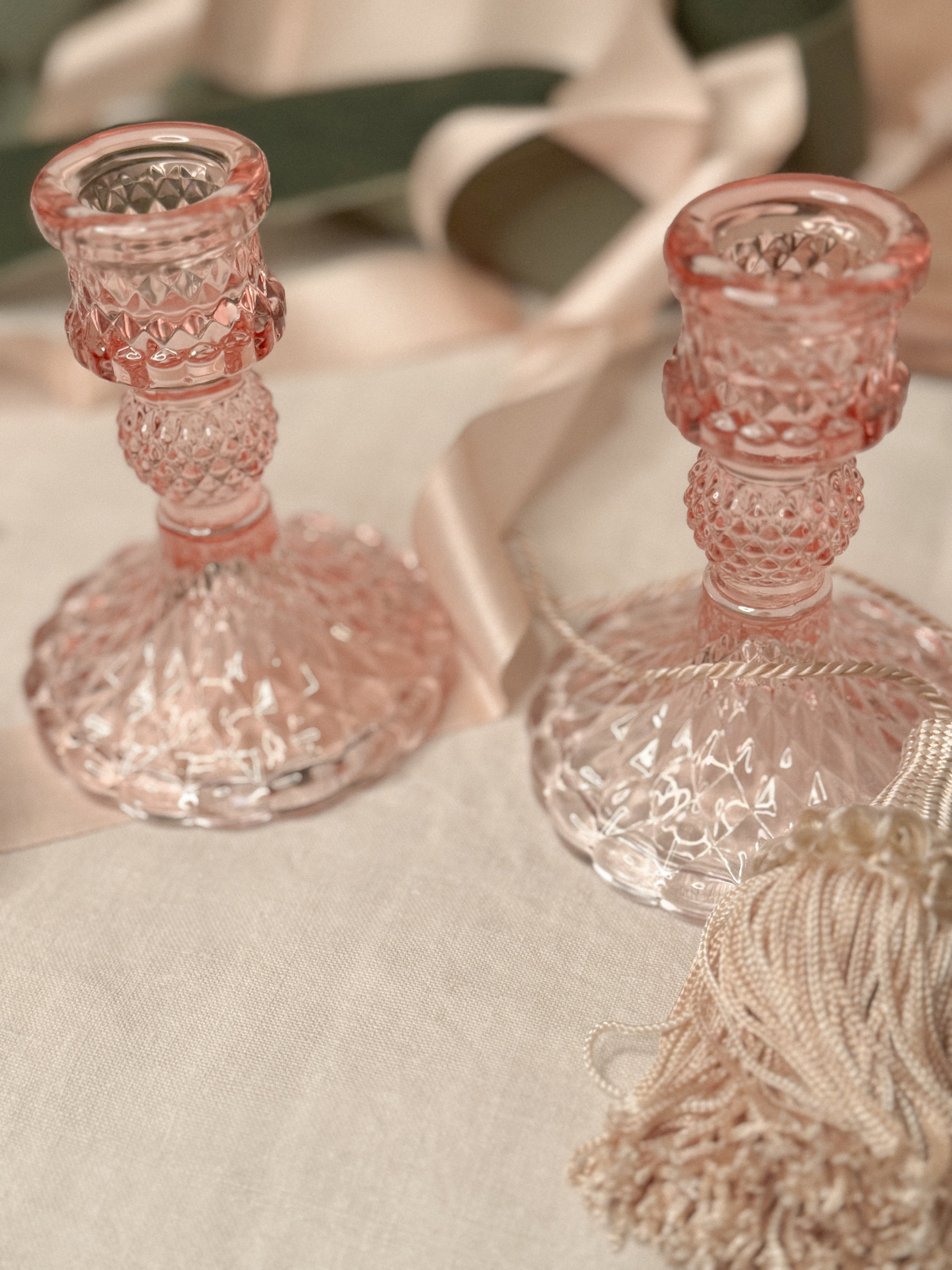Pair of Vintage Pink Pressed-Glass Candlesticks