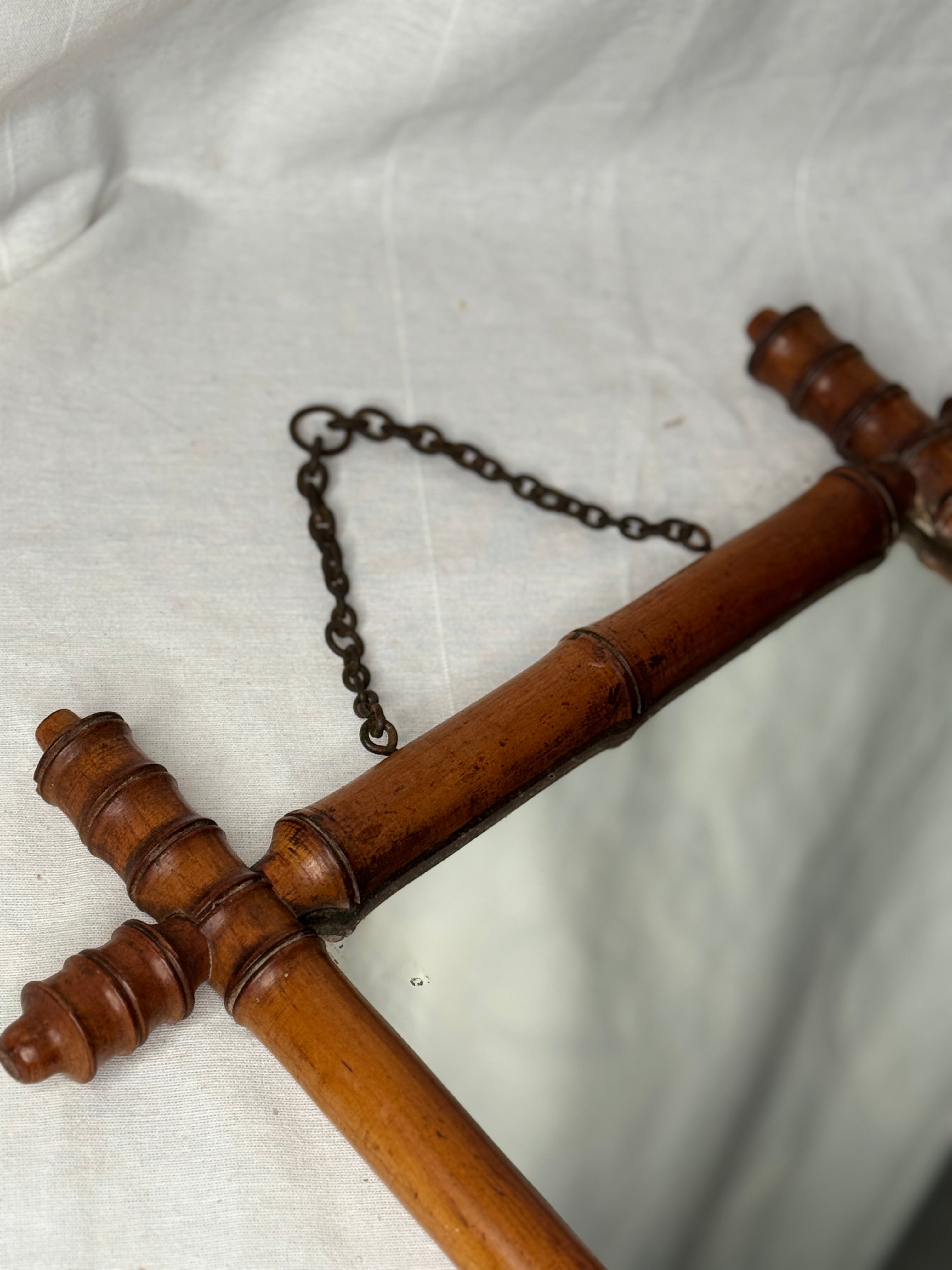 Antique French Faux-Bamboo Mirror with Original Chain, late 19th c.