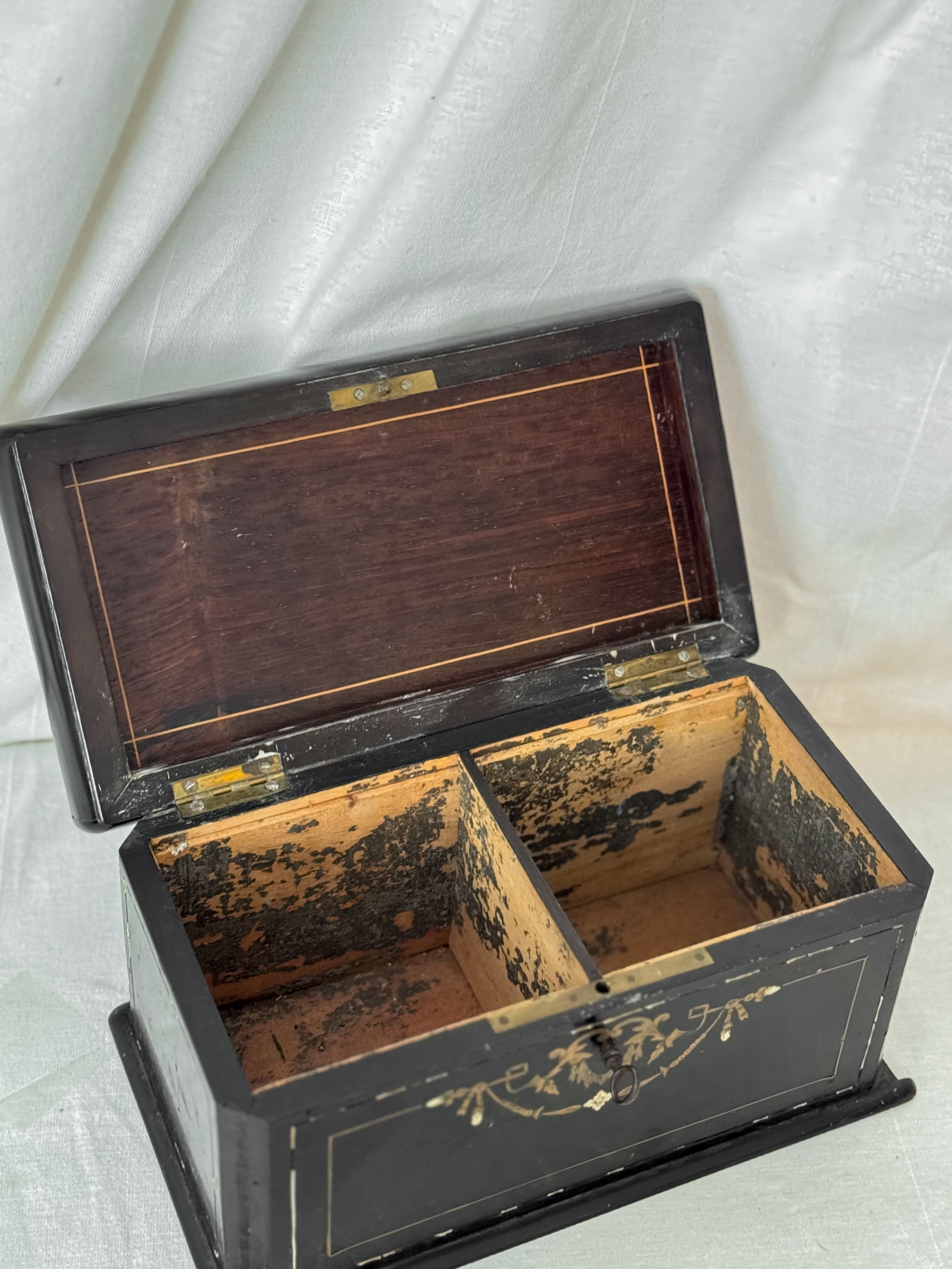 Antique French Brass Inlay Tea Caddy with Original Key
