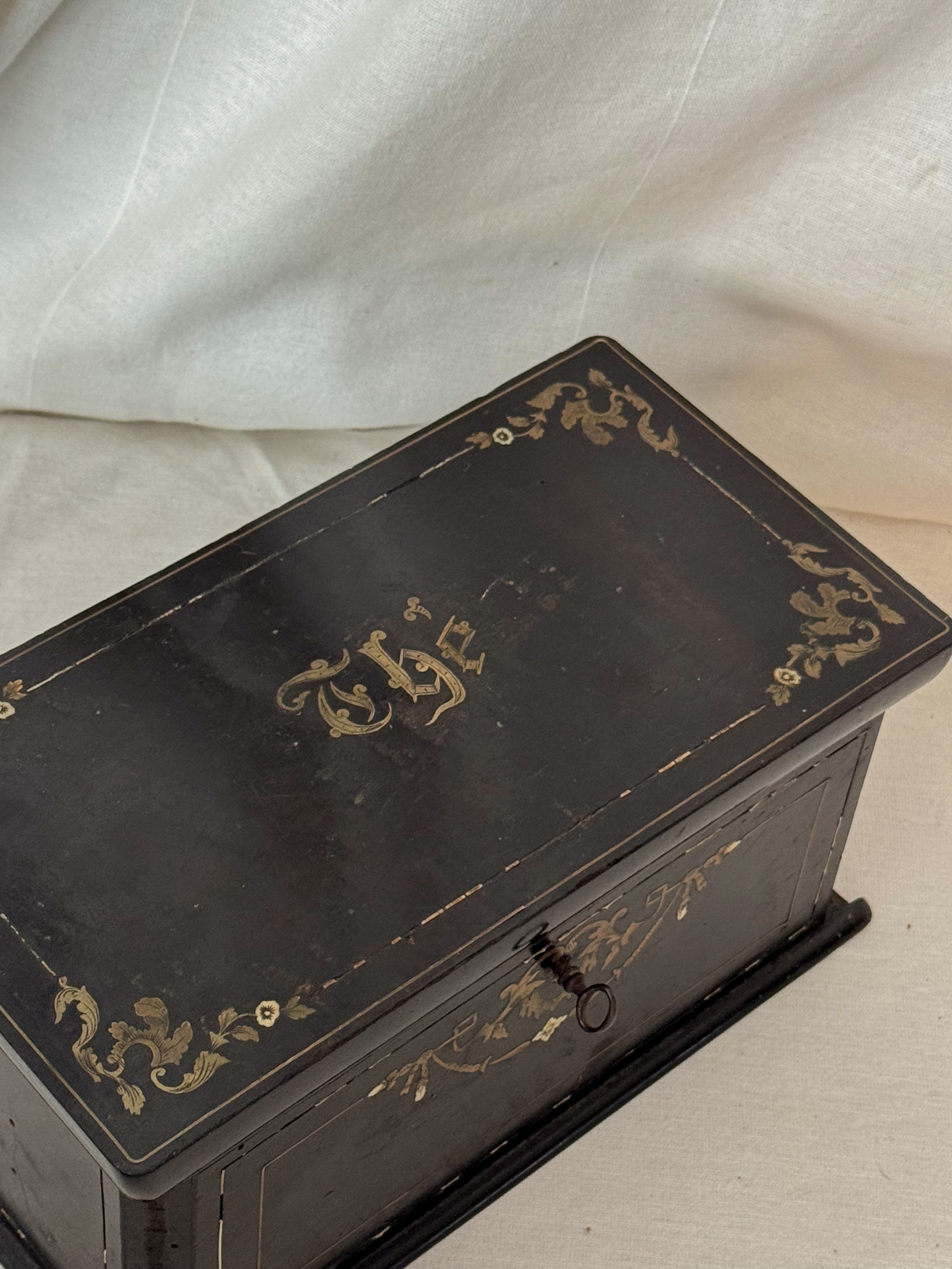 Antique French Brass Inlay Tea Caddy with Original Key