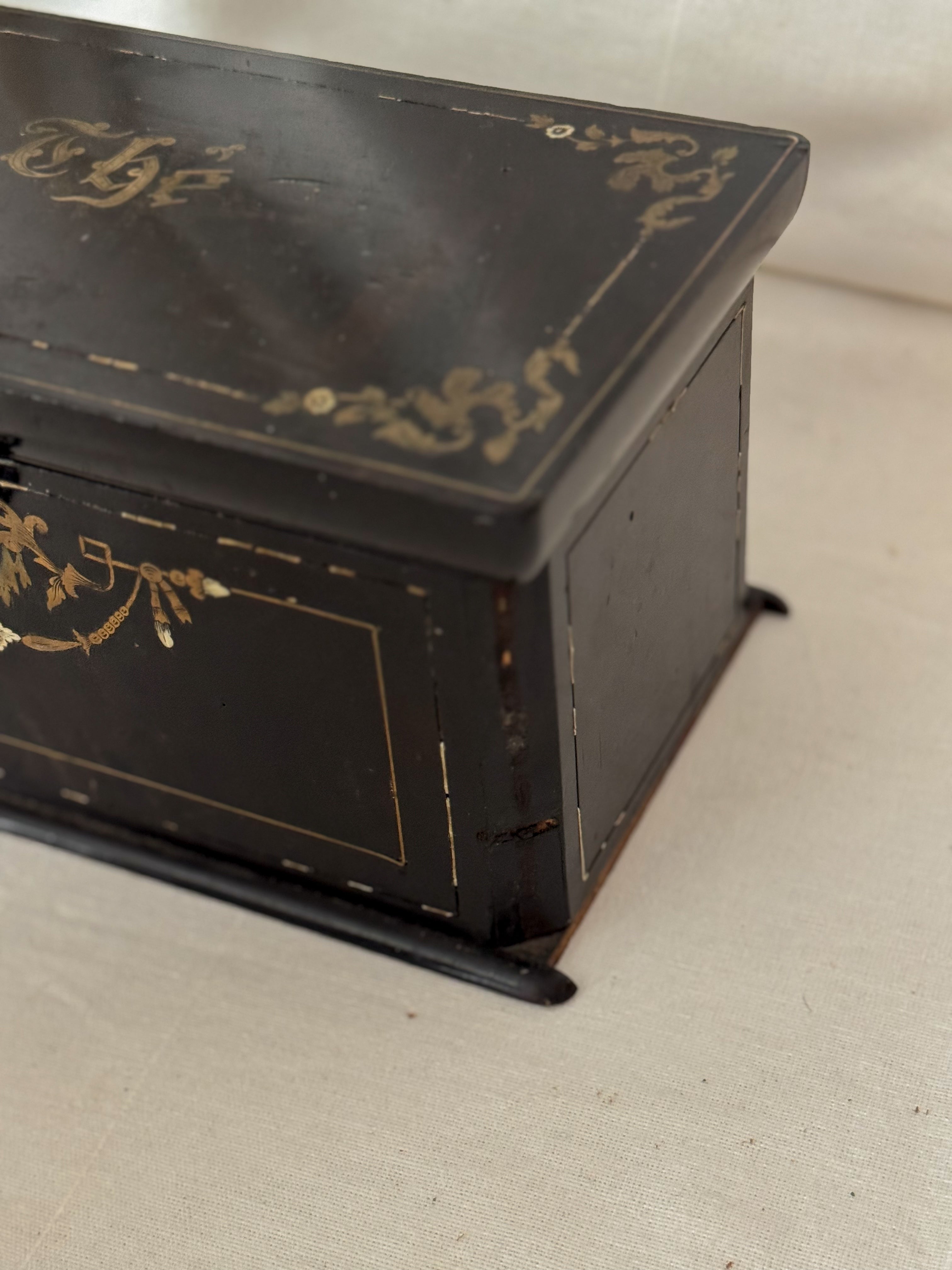 Antique French Brass Inlay Tea Caddy with Original Key