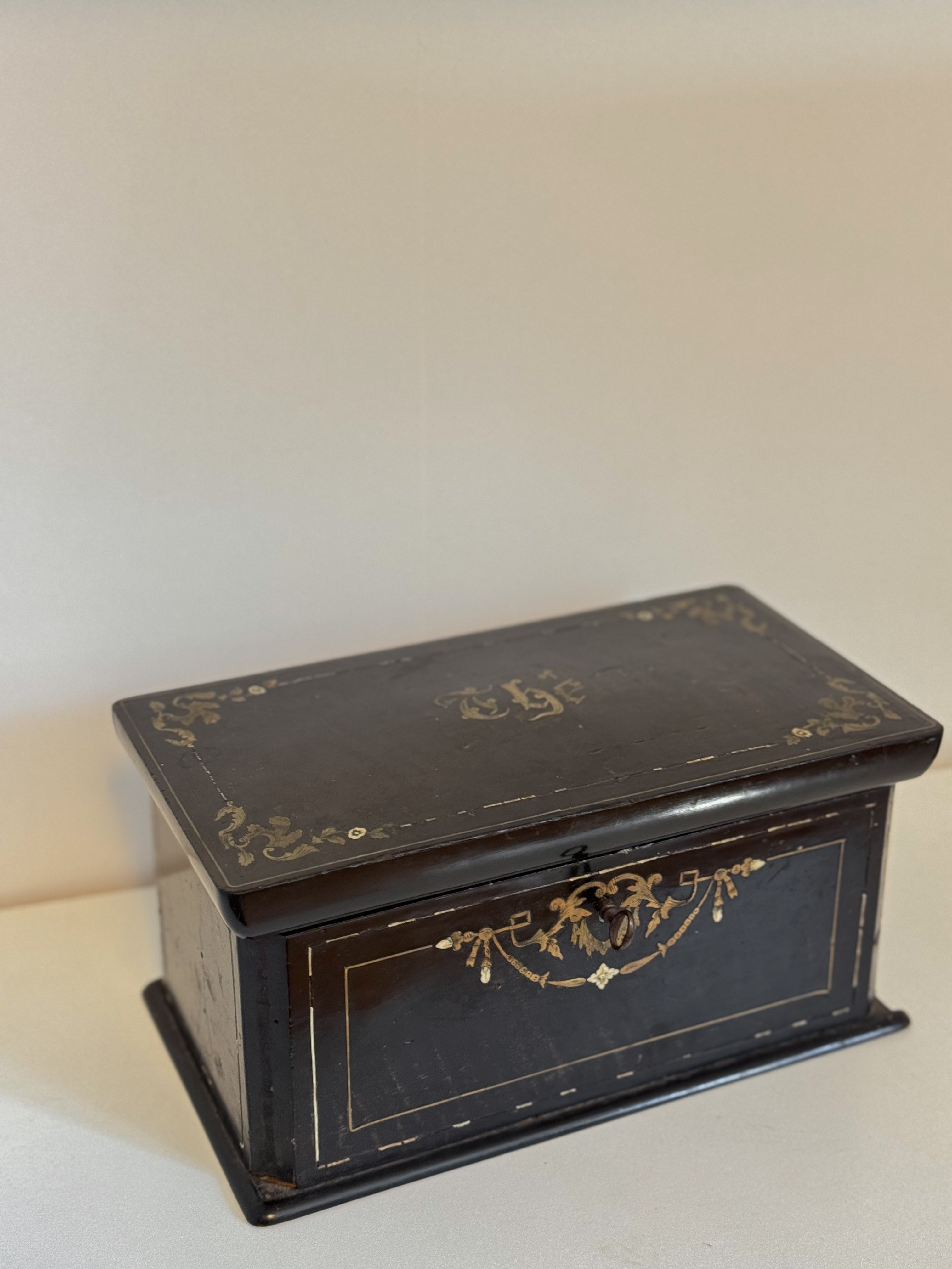 Antique French Brass Inlay Tea Caddy with Original Key